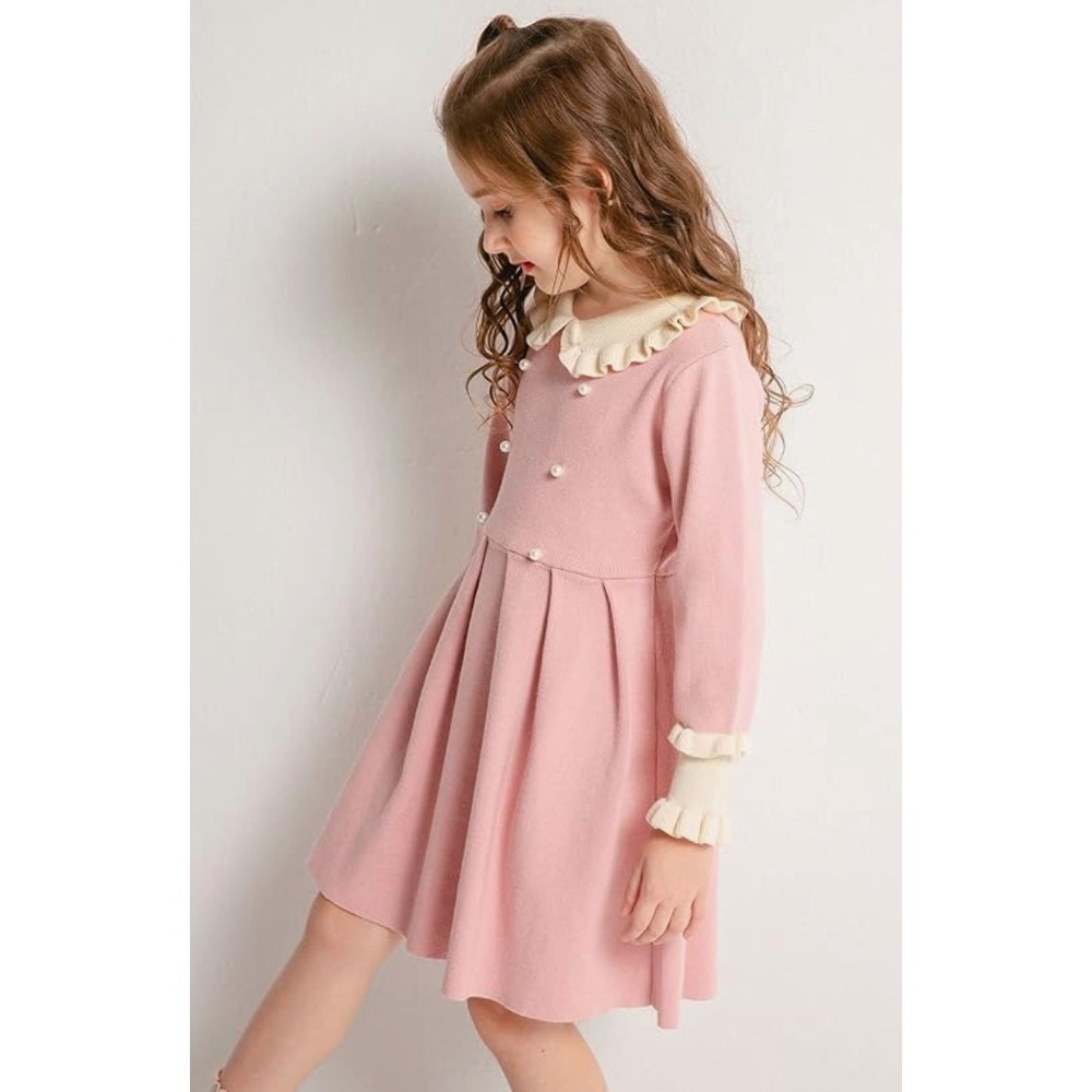 Smiling Pinker Girls Pink Knit Sweater Dress Pearl Buttons Ruffle Collar Size 8